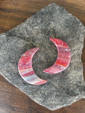 Hand Crafted Pink-Red Crescent Moon Earrings